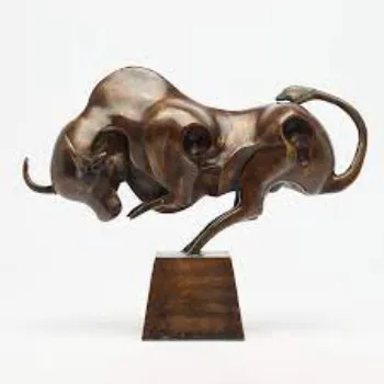 Bronze Sculpture of a Striking Bull With Base Bronze
